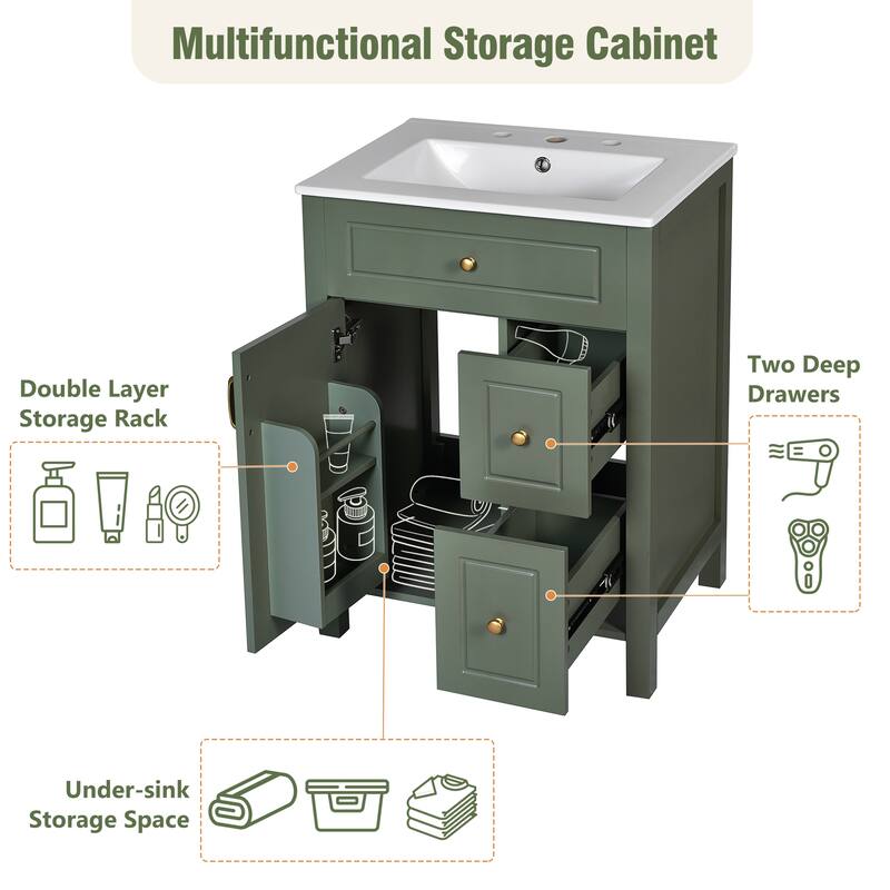 24" Bath Cabinet Including Ceramic Sink, 1 Soft Shut Door, 2 Soft Shut Drawers And Twin Door Storage Shelves