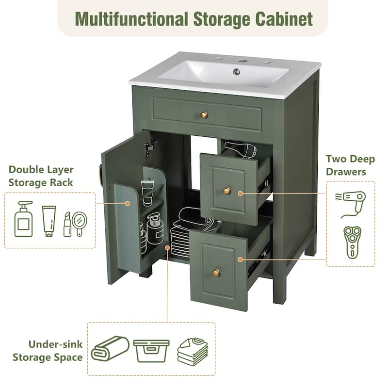 Freestanding Bathroom Vanity Compact Cabinet with Sink, 2 Drawers, Storage Door Racks, Gold Handles and Soft Close Mechanisms