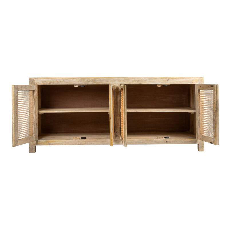 Mango Wood and Cane 4-Door Sideboard Cabinet