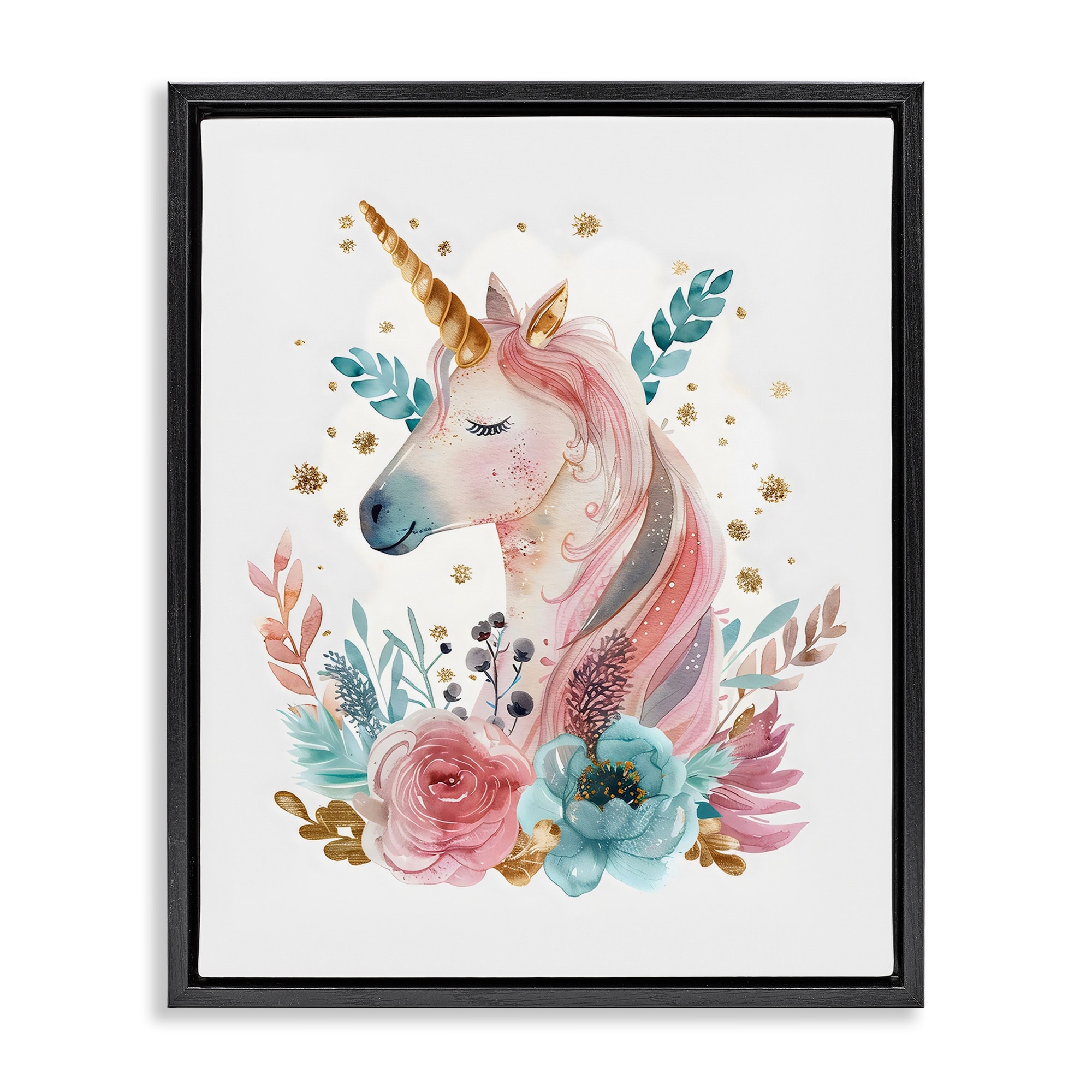 Stupell Floral Unicorn with Gold Details Framed Floater Canvas Wall Art Design By LSR Design Studio