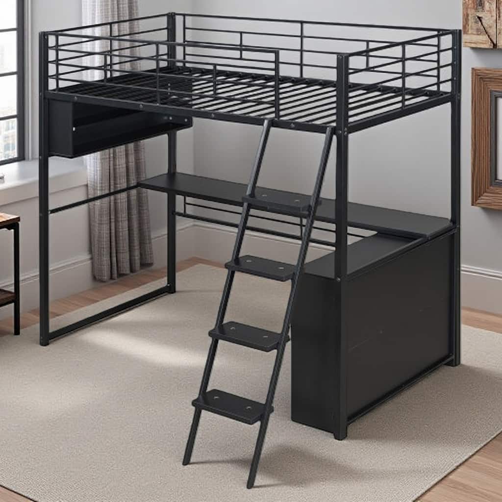 Full Size Loft Bed with Desk, LED Shelves, and Storage - Metal Frame with Guardrails and Ladder, Space-Saving Design for Teens