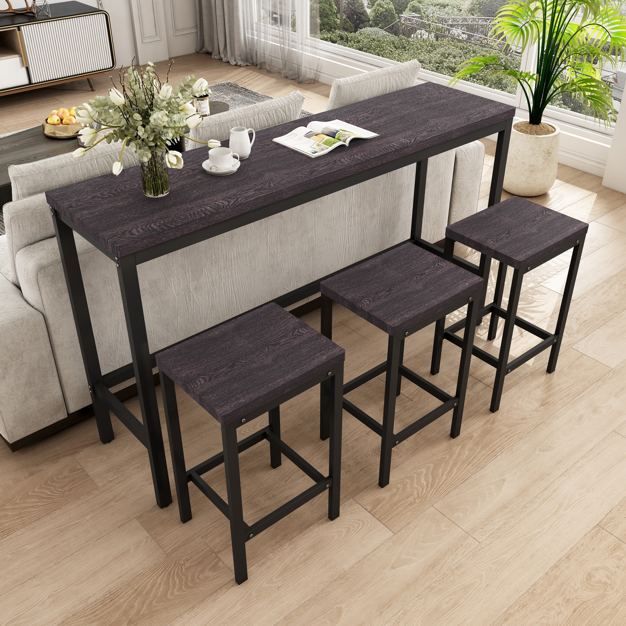 Long Dining Table Set with 3 Stools-image