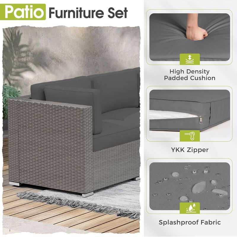 7 Piece Outdoor Patio Furniture Set Grey/Black Wicker Conversation Sectional Sofa Set with Coffee Table and Cushions