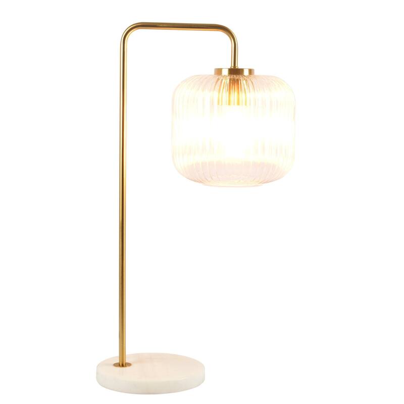Glass Table Lamp with Gold Brush Metal and Marble Base, Button Control, 23-Inch Height