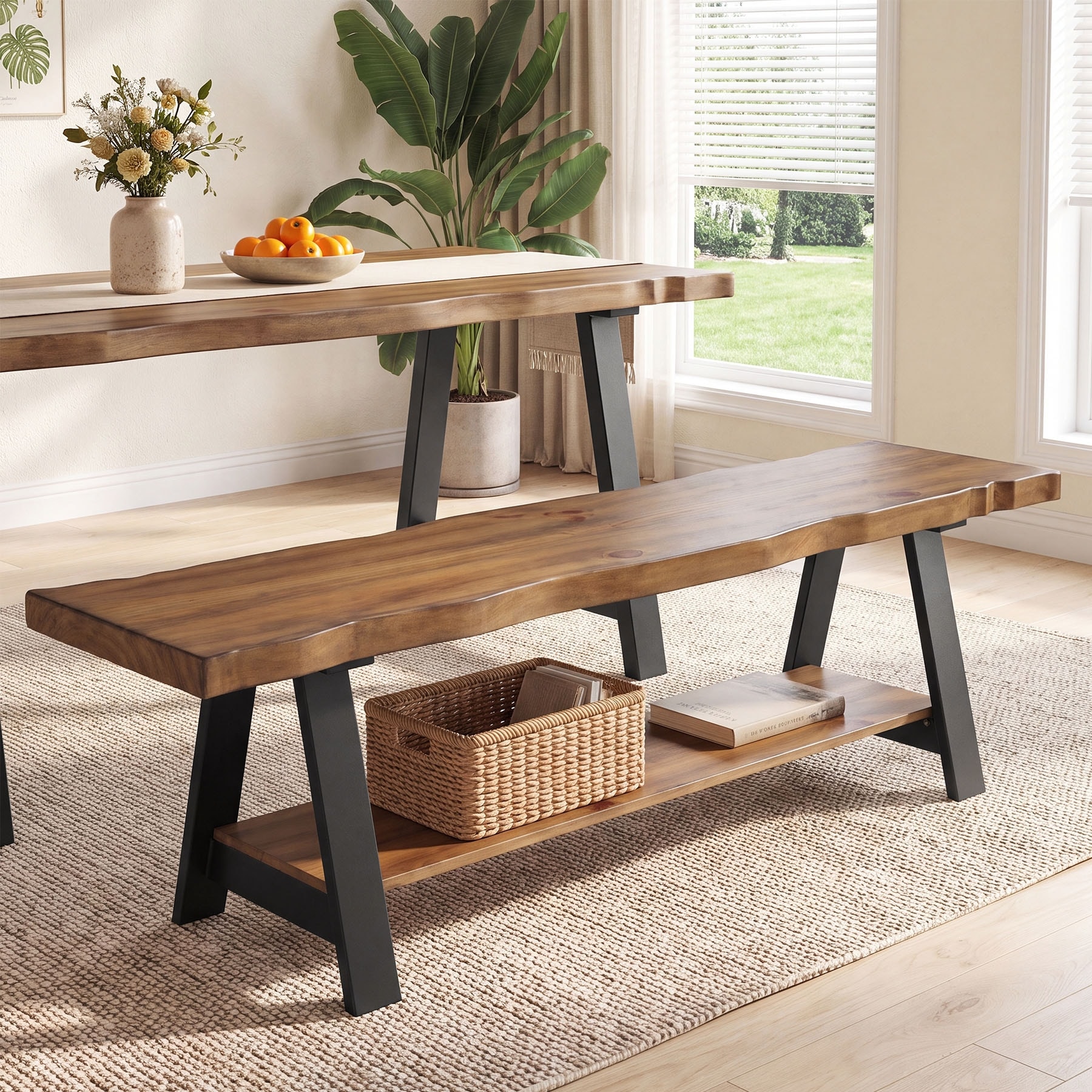 55" Solid Wood Dining Bench with Storage Shelf, Farmhouse Live Edge Entryway Bench for Kitchen Hallway