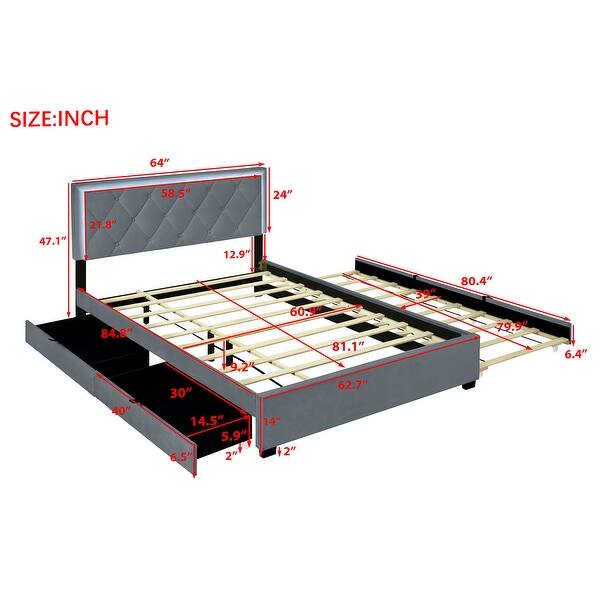 dimension image slide 0 of 4, Button-Tufted Wingback Bed Velvet Frame Storage Platform Bed with 2 Drawers, Trundle Bed and Smart LED Light Bed Frame