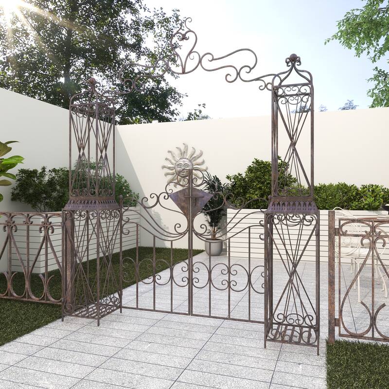 Black Metal Indoor Outdoor Scrollwork Arched Gate Garden Arbor with Pillars and Latch Lock Closure