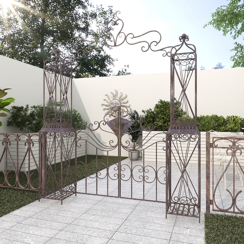 Metal Indoor Outdoor Scrollwork Arched Gate Garden Arbor with Pillars and Latch Lock Closure - Black - Roche River Decor