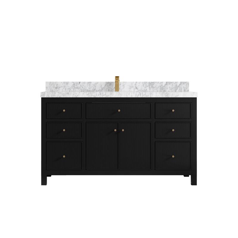 Willow Collections 60 in W x 22 in D Sonoma Free Standing Reeded Single Sink Bathroom Vanity with Countertop - 2" Carrara Marble - Black