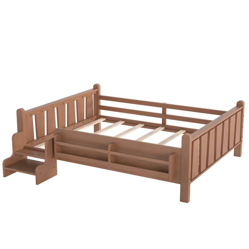 Full/Twin Floor Bed with Storage Bookcases & Cute Stairs - Solid Wood Kids Bed, No Box Spring