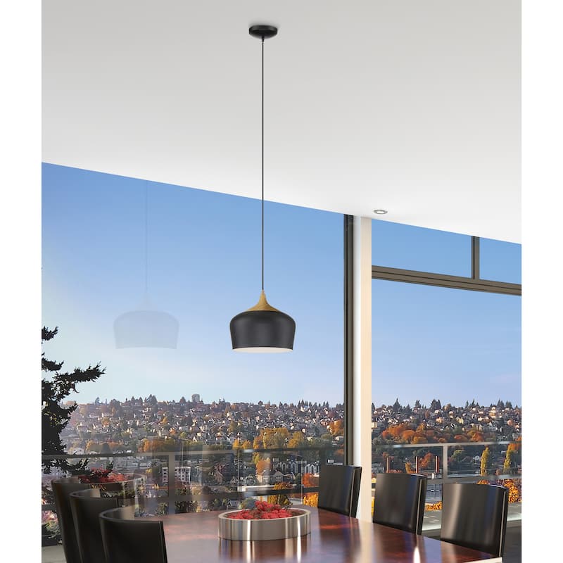 Access Lighting Blend - Bell Pendant - Black with Wood Grain Finish - Black Cord - Replaceable LED