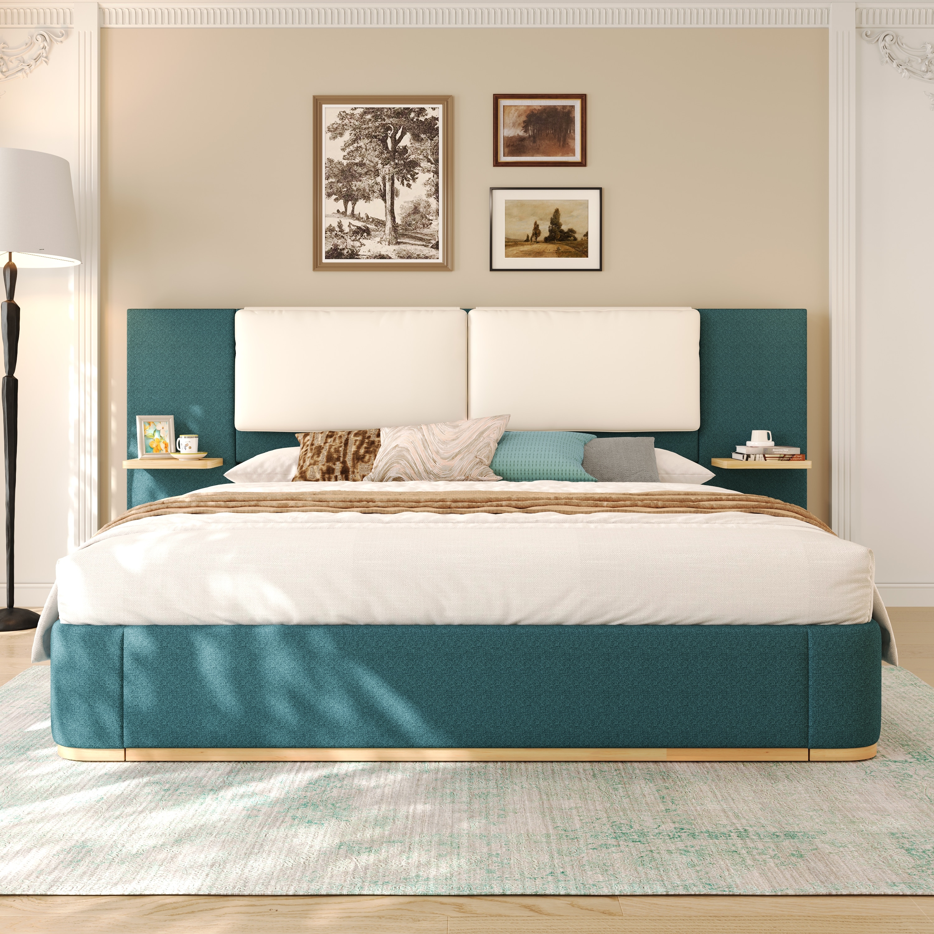 King Size Upholstered Platform Bed with Panel, Platform Bed Frame with Anti-Collision Soft Rounded Corners