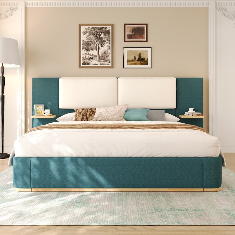 Upholstered Platform Bed with Panel, Soft Rounded Corners - Green - King
