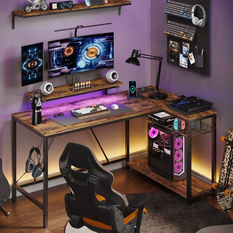 Reversible L Shaped Desk LED Computer Desk with Power Outlets and Monitor Stand Office Desk