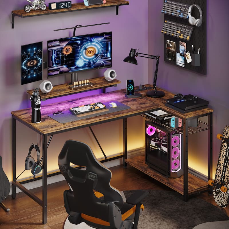 Reversible L Shaped Desk LED Computer Desk with Power Outlets and Monitor Stand Office Desk