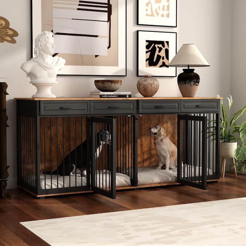 86.6"Wooden Dog Crate Kennel with 4 Drawers,Double Dog Crate Furniture