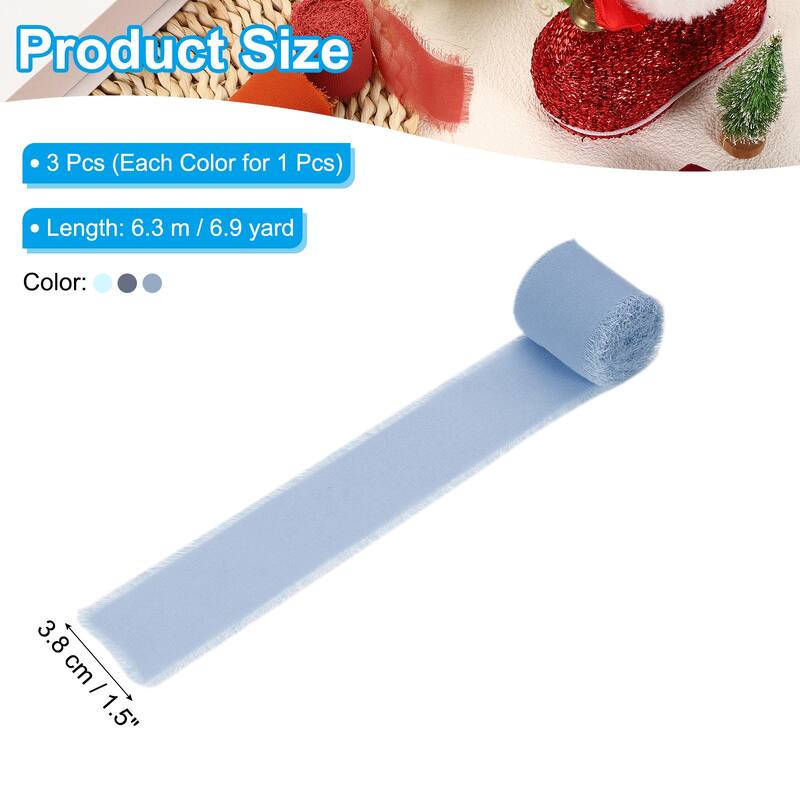 3 Roll 1.5"x7 Yd Handmade Fringe Chiffon Ribbon Frayed Silk Ribbon - 1.5"x7 Yd - Dust Blue/Dark Blue/Light Blue