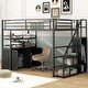 preview thumbnail 16 of 28, Full Size Metal Loft Bed with Storage Staircase and Open Wardrobe, Multifunctional Bed Frame with Shelves and Lockers Black