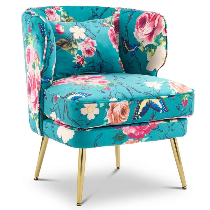 Mid Century Modern Upholstered Reading Chair with Lumbar Pillow, Gold Metal Legs, Small Space Friendly for Living Room Bedroom