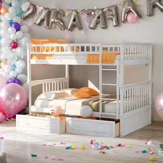 Convertible Full Over Full Bunk Bed With Drawers With Fence-shaped Guardrail
