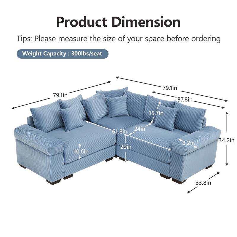 GDFStudio - Corduroy L-Shaped 3-Seater 79.1" Cloud Modular Sectional Couch