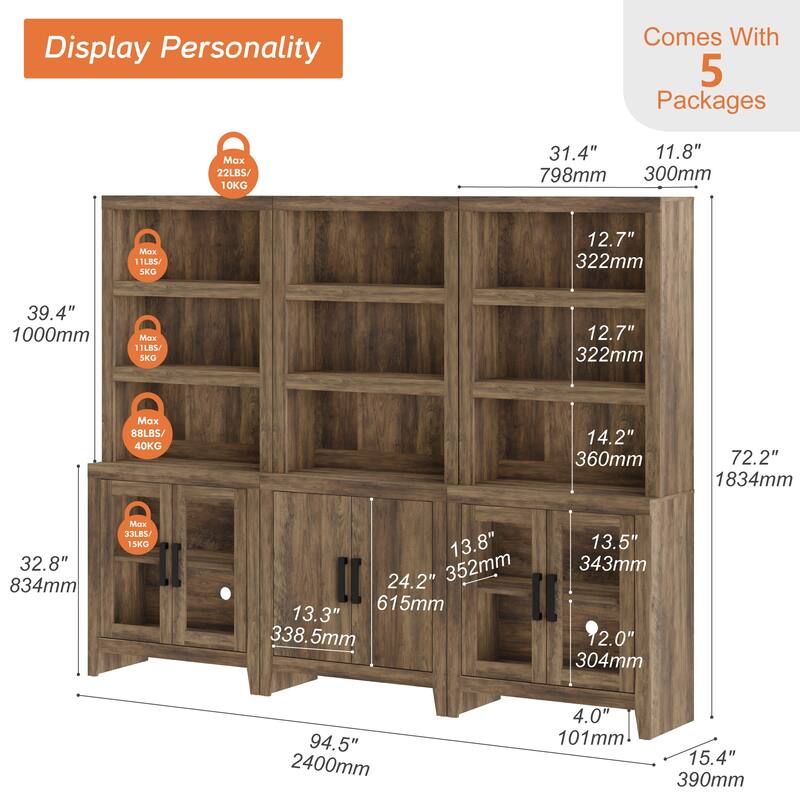 WAMPAT 74" Tall Bookshelf with Glass Doors, Farmhouse Bookcase with Open Shelves