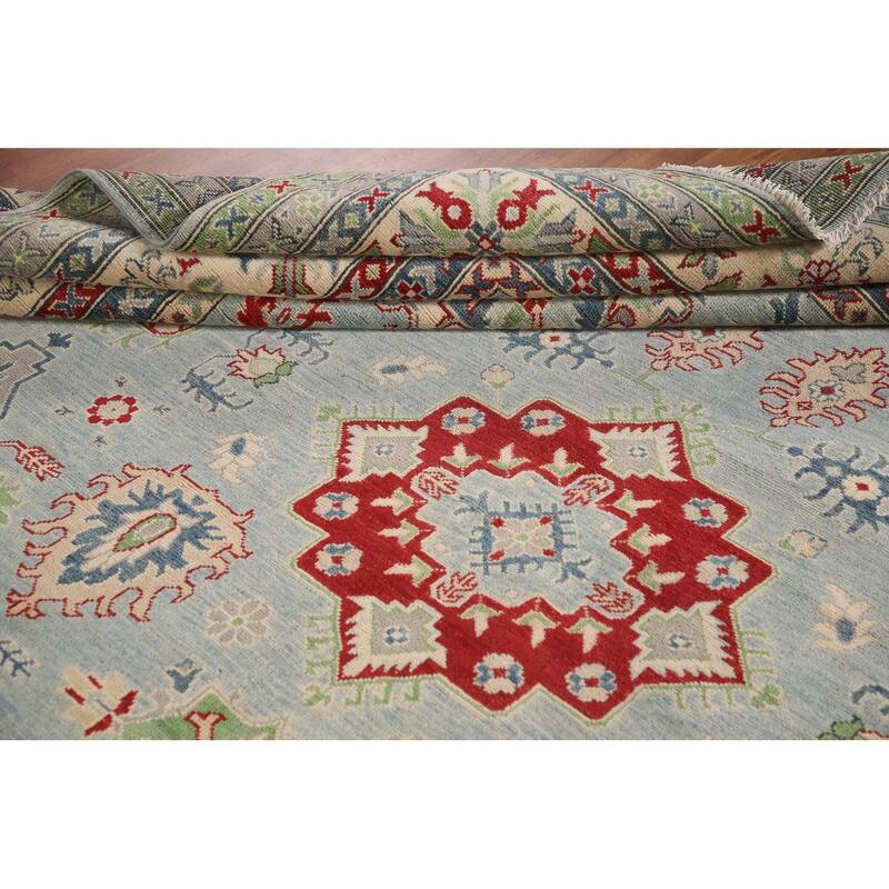 Hand Knotted Oriental 100% Wool Carpet Traditional Geometric Navy Blue & Blues Kazak Area Rug - 16' 3'' X 9' 9''