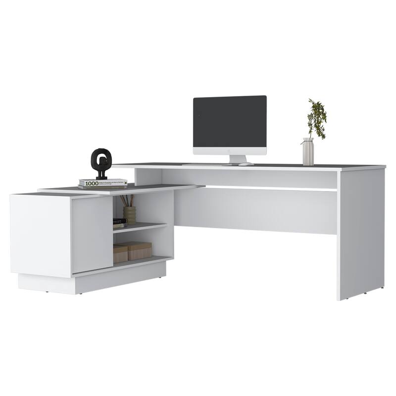 Minimalist L-Shaped Desk with Spacious Work Surface, Storage Shelves, and Durable Design for Contemporary Offices