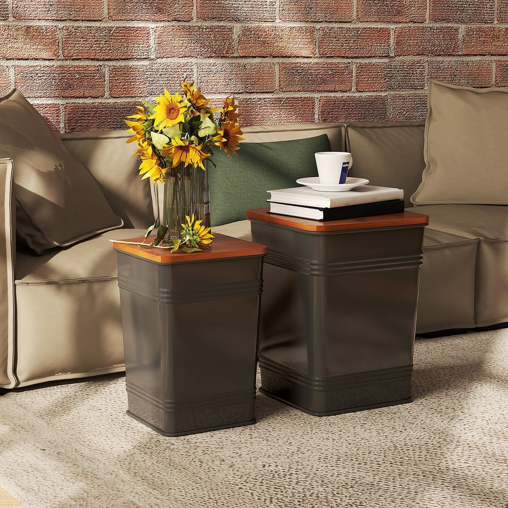 HOMCOM Ottoman with Storage Set of 2, Industrial Accent Side Table with Removable Wood Lid, Metal Frame and Hidden Space