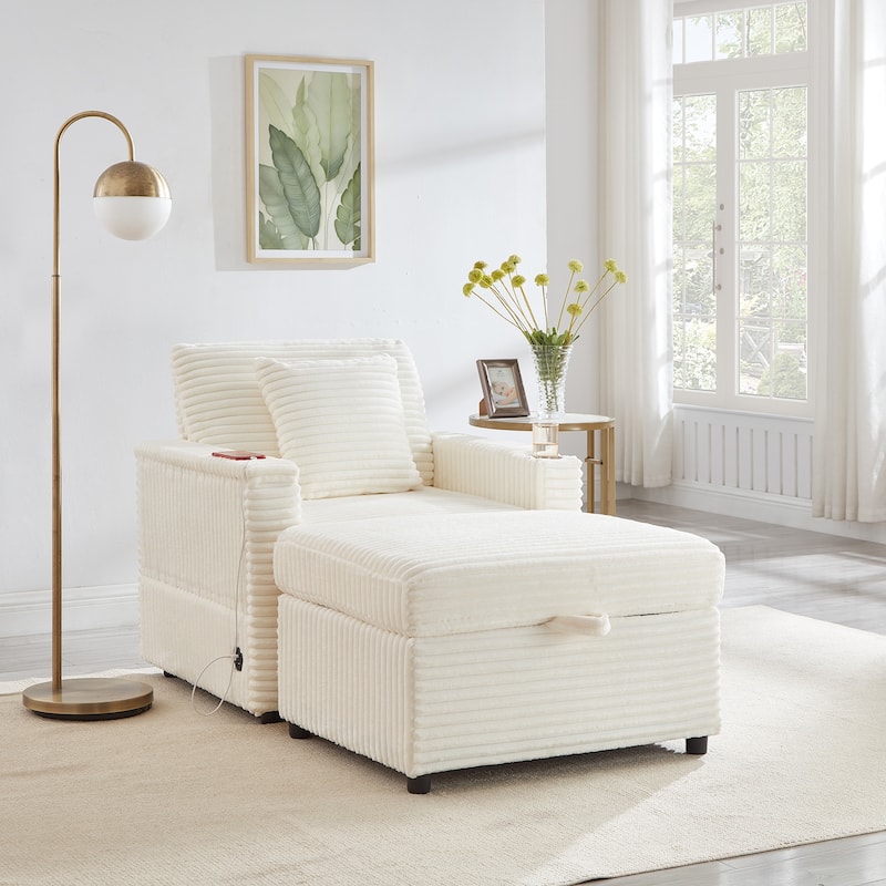 Fluffy Corduroy Lazy Sofa Chaise Lounge with Accent Chair, Storage Ottoman, Folding Table Board, Cup Holder and USB