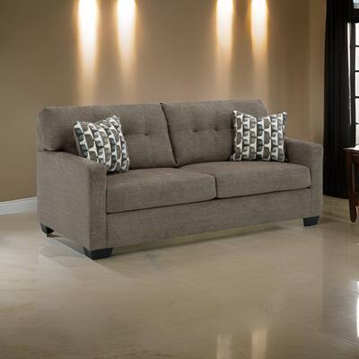 Joey 75 Inch Sofa with 2 Accent Throw Pillows, Tufted Back, Brown Polyester
