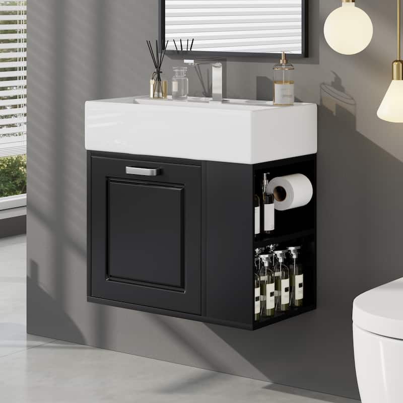 21.8" Floating Bathroom Vanity Cabinet with Ceramic Sink & Toilet Paper Holder for Small Space - Black - 21.8 Inch