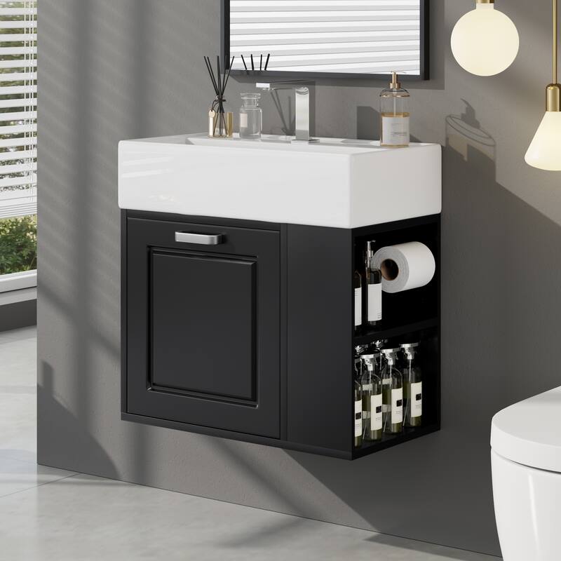 Roomfitters Bathroom Vanity with Sink, Wall Mounted Floating Cabinet with Large Drawer, Adjustable Shelf and Soft-Close System