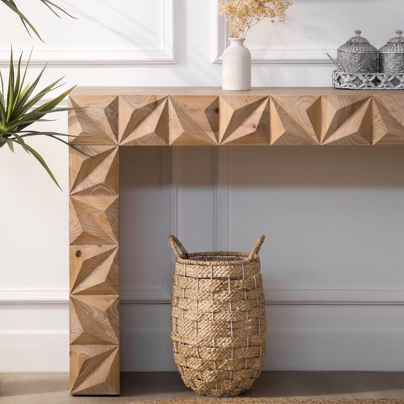 Modern Geometric Wooden Console Table - Natural Wood Finish with Handcrafted 3D Design
