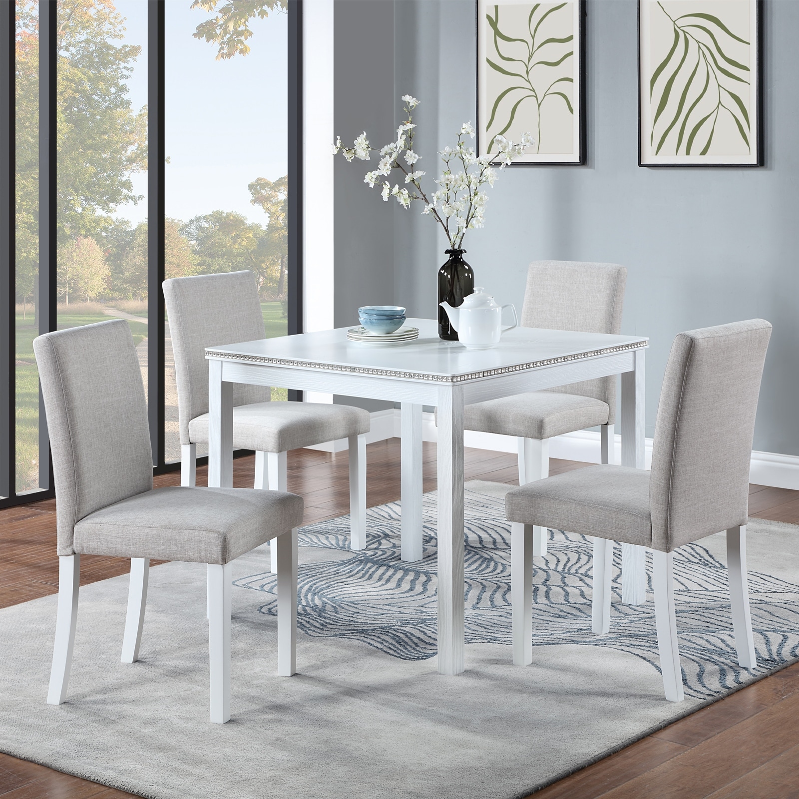 5 Pcs Wooden Dining Table Set with 1 Square Table and 4 Upholstered Chairs, Dining Room Table Set with Crystal Decoration
