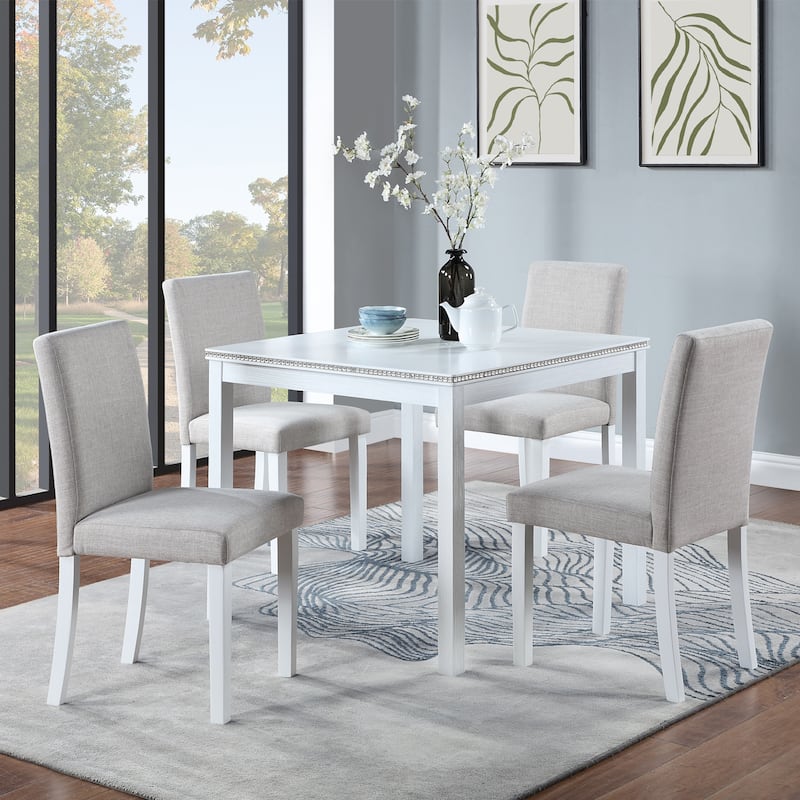 5-Piece, Modern Dining Table Set with Crystal Decorations and 4 Dining Chairs, for Kitchens and Dining Rooms, White - White