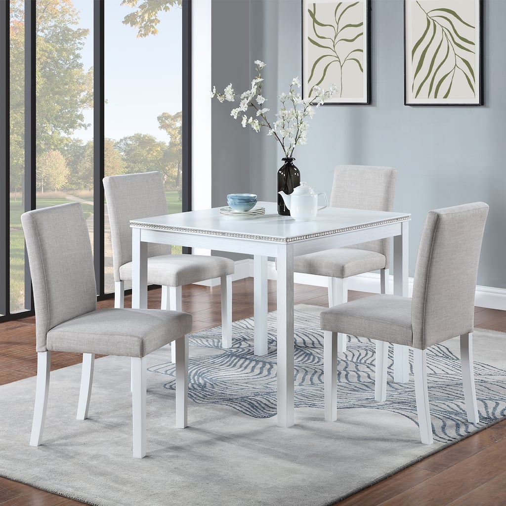 5-Piece, Modern Dining Table Set with Crystal Decorations and 4 Dining Chairs, for Kitchens and Dining Rooms, White