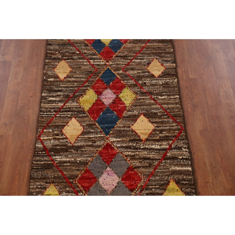 Brown Geometric Moroccan Oriental Runner Rug Handmade Wool Carpet - 2'11" x 9'8"