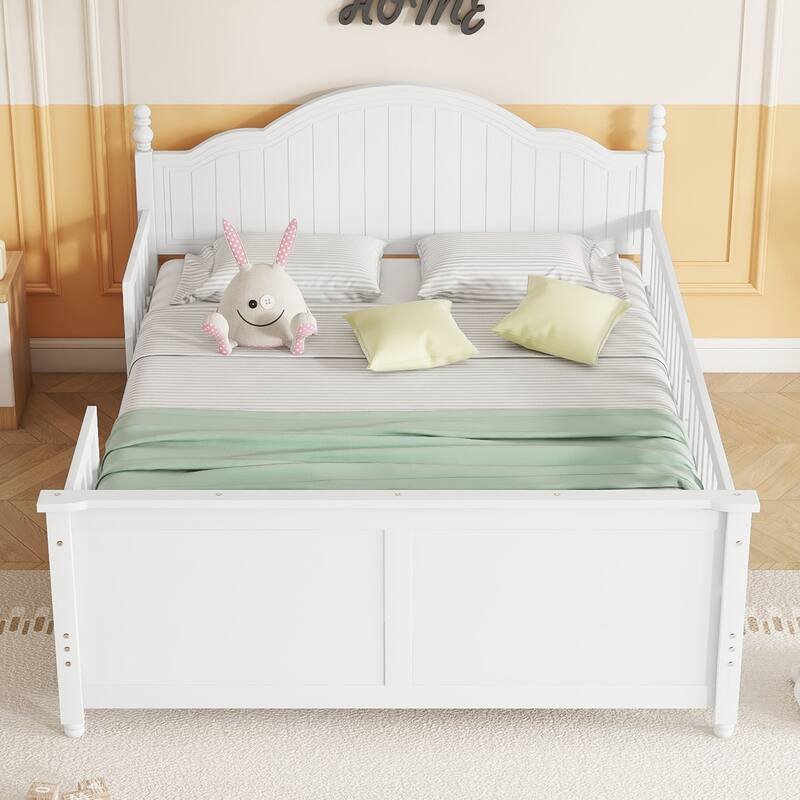 White Wood Full Platform Bed with Headboard and Footboard for Kids, Low Profile Design with Safety Guardrails
