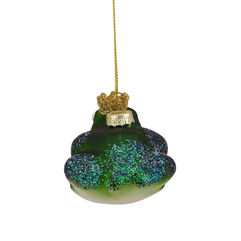 3" Green White Prince Frog in a Gold Crown Glass Christmas Ornament