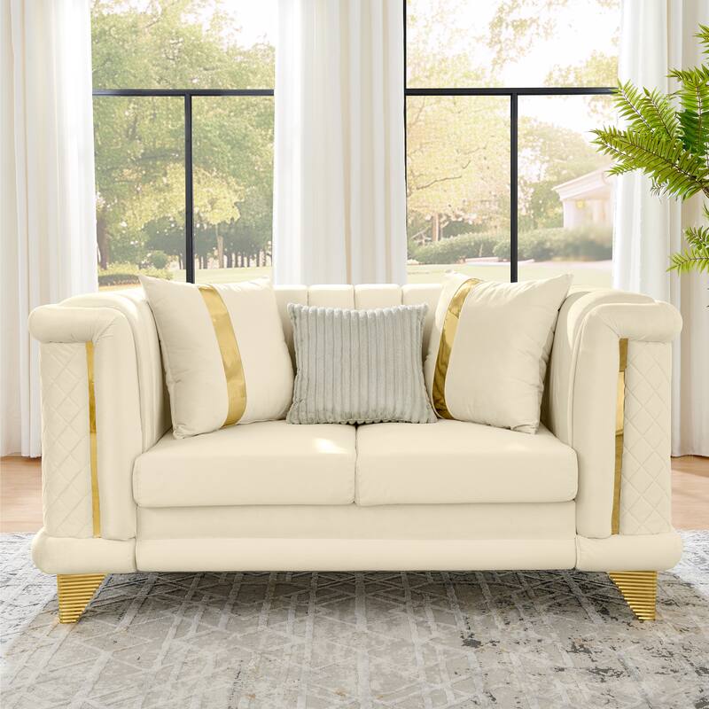 2PCS Velvet Sofa Set with Gold Trims and Embroidered Texture, Mid Century Modern Victorian Couch for Living Room, Beige