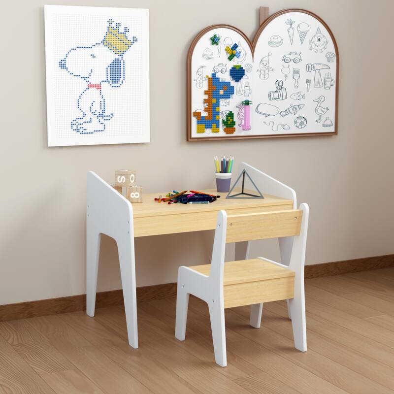 Kids Study Table and Chair Set 1 Piece Wooden Kids Furniture White Natural