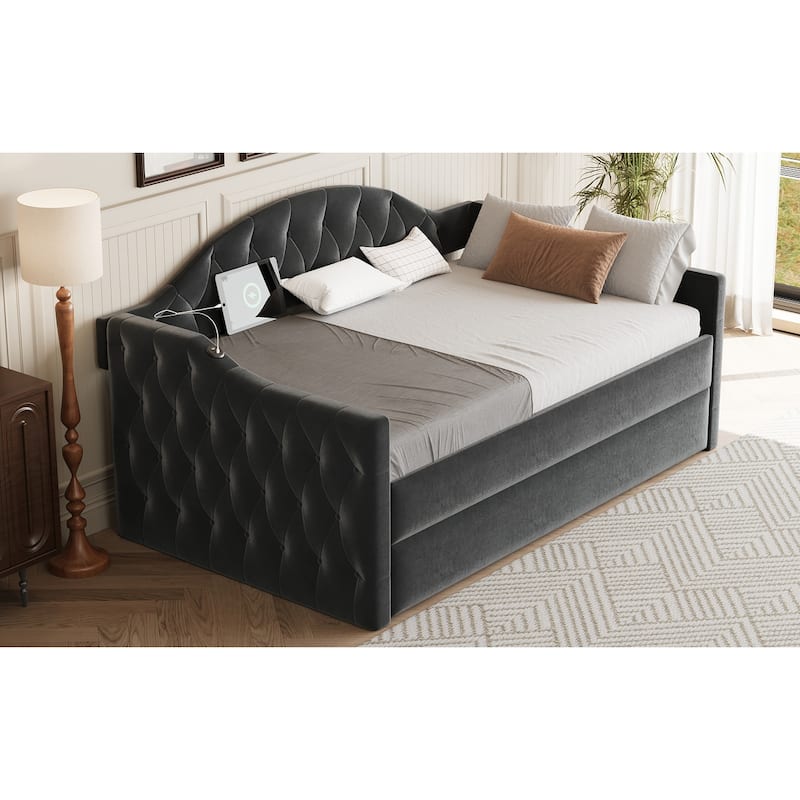 Tufted Upholstered Frame Daybed Velvet Sofa Bed with USB and Type-C Charging Ports, Twin Platform Low Profile Bed with Trundle