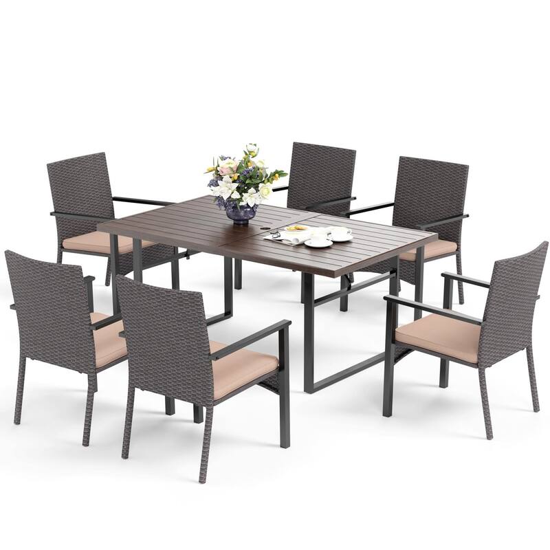 MAISON ARTS 7-Piece Patio Dining Set Printed Wood-grain Table & Rattan Dining Chairs