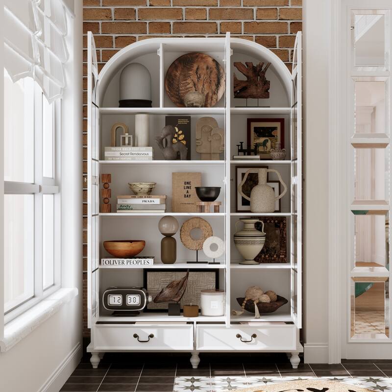 Glass Door Display Cabinet with Storage DrawersBookcase with Wooden Legs