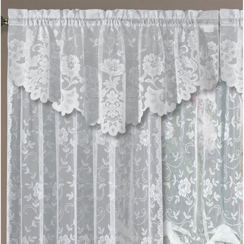 Grace Floral Lace Window Curtain Panels Or Valance - 36 Inches - White