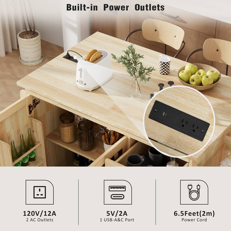 Woven Checkerboard Pattern Kitchen Island with Drop Leaf, Internal Storage Rack, 2 Cabinets & Power Outlet, Movable Kitchen Cart