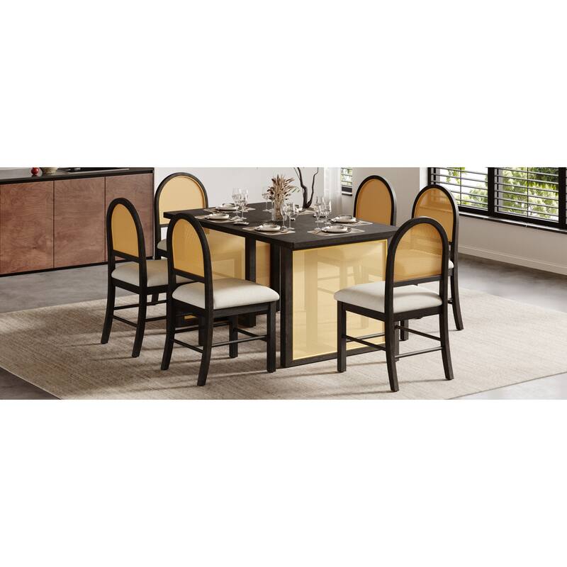 Roomfitters Farmhouse Rectangular Dining Table, 6 Rattan Chairs, 7-Piece Kitchen Furniture Set