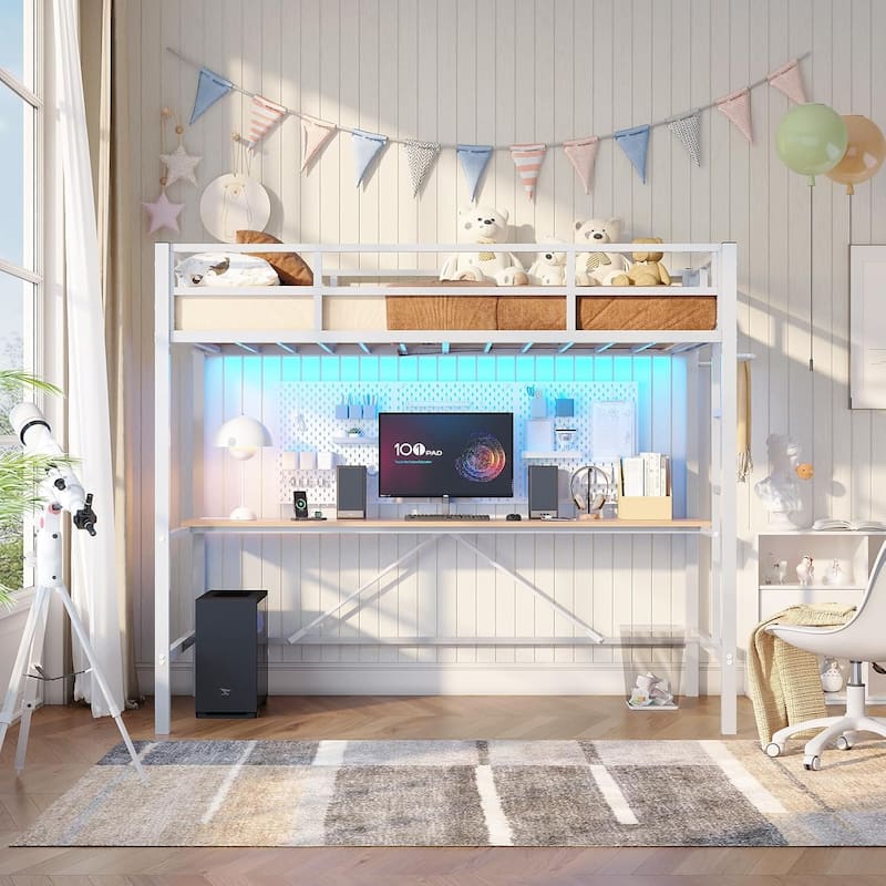 Loft Bed with Desk Gaming Bunk Bed LED Lights Charging Station - White - Twin