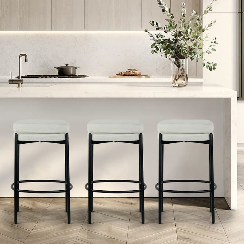 Set of 2 Avril White Boucle Backless Counter Stool with Black Metal Legs